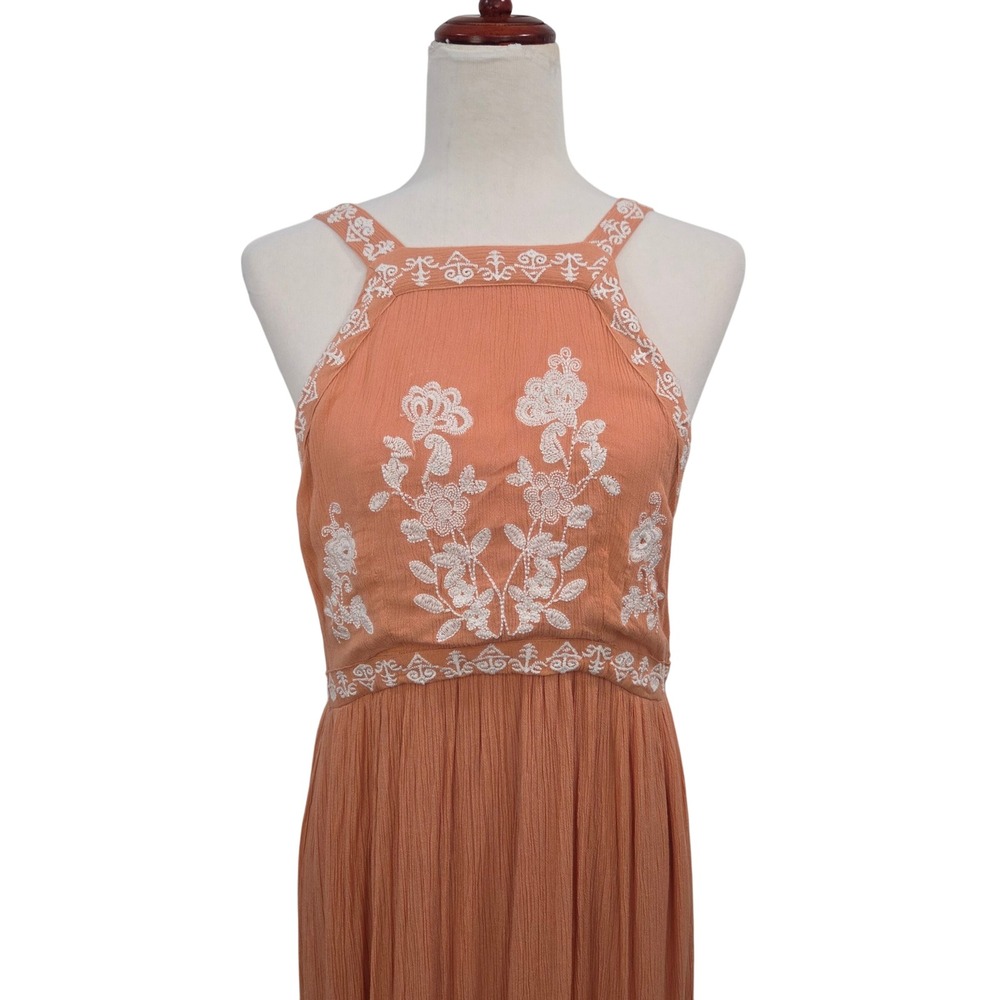 En Creme Orange Rayon Maxi Dress Large Embroidered Floral Halter Boho Summer - Picture 4 of 16